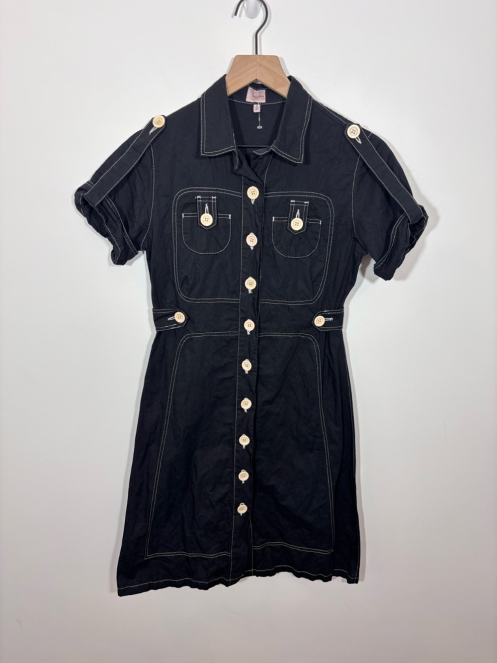 Billy Reid Button Cargo Utility Mini Dress Size 4 Black Contrast Stitching